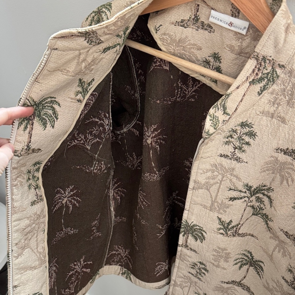 Vintage Palm Tree Jacket Tropical Print Zip Front Tan Green Preswick & Moore L - Picture 2 of 6